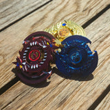 Jawas Junkyard Egyptian God Bey Trio Pack: red, blue, and gold metal Beys with dragon and wolf designs, featuring blue gem accents.